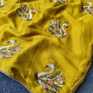 yellow work saree